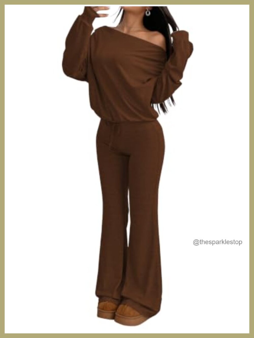 2 Piece Lounge Set Off Shoulder Long Sleeve Wide Leg Pants Travel
